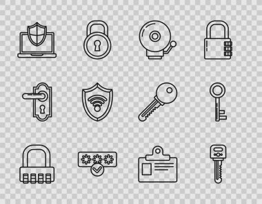 Hat güvenli kombinasyon kilidi alarm zilinin çalma korumasını ve güvenlik erişimini kalkan kablosuz kablosuz internet kimlik kartı ve simgesiyle korunan dizüstü bilgisayarla ayarla. Vektör.