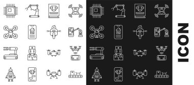 Çizgi taşıma bandını karton kutuyla Endüstriyel makine robot kolu kullanıcı elle kumandalı akıllı ev yapımı Drone uçan kamera işlemcisi işlemci mikro devreleri ve robot simgesi ile ayarla. Vektör.