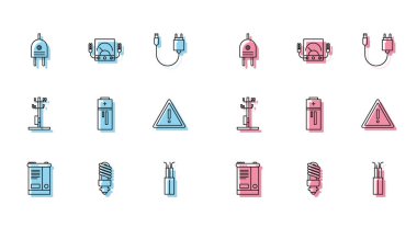 Line Car pili LED ampul elektrik dolgu kablosu pili ünlem işaretini üçgen yüksek voltaj direği hattı ve Ampere metre multimetre voltmetre ikonu olarak ayarla. Vektör.