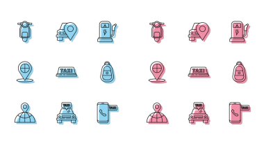 Taksi, Scooter, telefon, çatı anahtarı, uzaktan haritalı işaret taksisi ve ikon. Vektör.