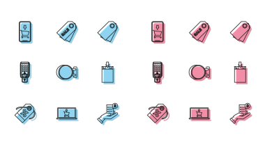 Satır İndirim yüzde etiketini ayarla. Kağıt torba asılı POS uçlu alıcı akıllı telefon ve Price yazıt ikonunu doğruluyor. Vektör.