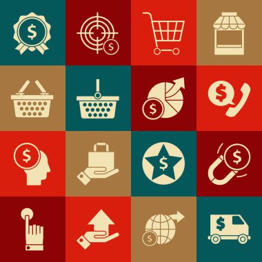 Zırhlı Araç Mıknatısı 'nı para ile ayarla Telefon ahizesi ve konuşma balonu sohbet sepeti, alışveriş sepeti fiyatı dolar ve para diyagramı grafiği ikonu. Vektör.