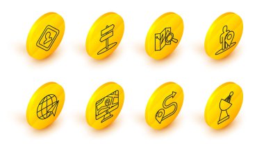 Radar Yolu konum monitörünü ayarlayın ve katlanmış haritayı konum ile birlikte Katlanmış Yol trafik işareti ve simgesinin dünya haritası siluetini ayarlayın. Vektör.