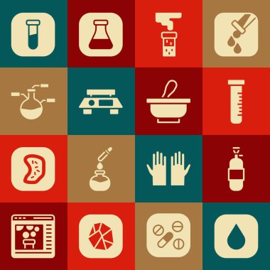 Su damlası, propan gazı test tüpü, matara, elektronik ölçekler ve havan topu ikonu hazırlayın. Vektör.