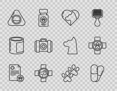 Tıbbi kayıt evcil köpeği ve haplı kedi veteriner sembolü Pet yatak ilk yardım seti Paw baskısı ve ikonu olan bir pano ayarla. Vektör.