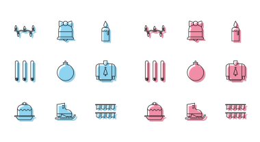 Pasta figürü patenler, Noel ışıkları karnaval çelenkleri, bayraklı süveter üç rulo tarçın çubuğu ve mutlu zil ikonu. Vektör.