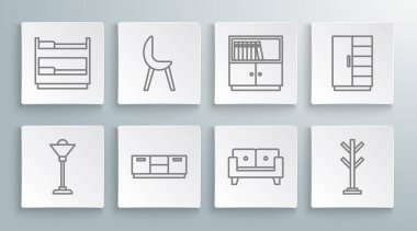 Saha lambasını, Kol Koltuğu Mobilya komodini, kitaplığı gardırop ve ranza yatak ikonunu ayarla. Vektör.
