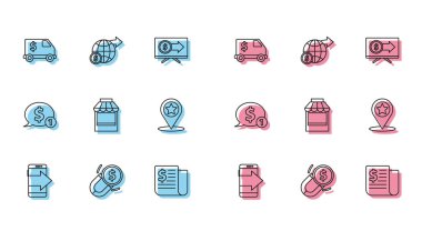Akıllı telefon cep telefonu mıknatısını parayla donat zırhlı araç haber alışverişi alışveriş mağazası haritası, işaret yıldızı konuşma balonu dolar ve dünya küresi ikonu. Vektör.