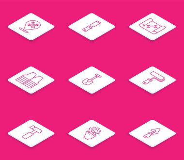 Çizgi konumunu ingiliz anahtarı Rasp metal dosya Graphing kağıt ve güvenlik yeleği kürekli boya fırçası çekiç ve el simgesini ayarla. Vektör.