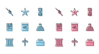 Hat oluşturun: Hapishane penceresi adalet dürbünü dürbünlü keskin nişancı tüfeği Inkwell kanıt çantası ve tabanca veya silah Mahkûm Davası kağıdı ve Hexagram Şerif ikonu. Vektör.