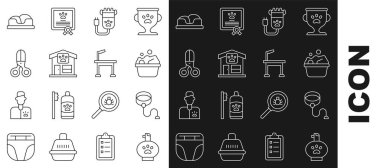 Hayvan şampuanı geri çekilebilir halat tasması evcil hayvan kılı kırpıcı makas tımarlama kuaför yatağı ve ikonu. Vektör.