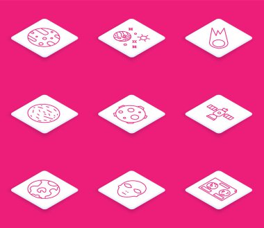 Sabit Uydu Hattı Uzay ve Kuyruklu Yıldız Gezegeni Mars UFO 'sunun hızla düşmesi inek Dünya' sını ve uzaylı ikonunu kaçırıyor. Vektör.