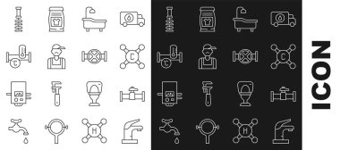 Hattı Su Musluğu Endüstrisi borusu ve Valf Musluğu Metalik Tuvalet fırçası ve ikonu ayarla. Vektör.