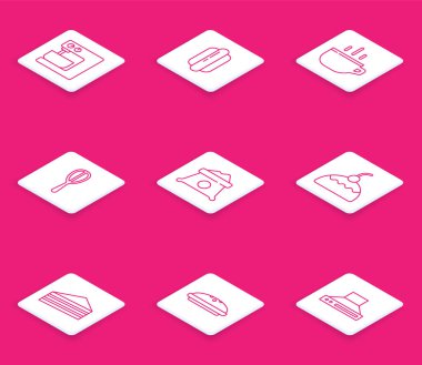 Elektrikli karıştırıcı Hotdog sandviç kahve fincanı, çırpma poşeti un keki ve ev yapımı turta ikonu. Vektör.