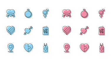 Kalp etiketi, Amour ve Arrow sevgililer günü partisi broşürü, Candy şeklindeki kutu ve elmas nişan yüzüğü ikonu ile yeri belirleyin. Vektör.