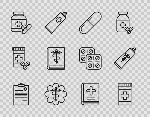 Set Line Portapapeles Médico Con Historia Clínica Medicina Botella Píldora — Archivo Imágenes Vectoriales