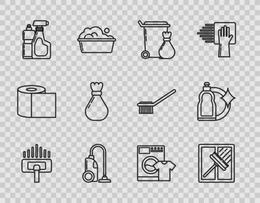 Set line Vacuum cleaner Squeegee scraper wiper Trash can Plastic bottles for liquid dishwashing liquid Garbage bag Washer and t-shirt and icon. Vector.