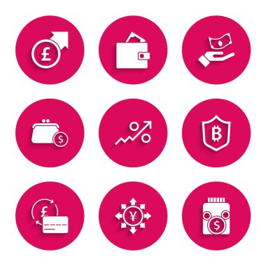 Yen Glass kavanozu, Shield bitcoin kredi kartı, cüzdan paraları, el ele tutuşan madeni paralar ve finansal büyüme kilosu ikonu ile Percent 'in ok sikkesi parasını ayarlayın. Vektör.