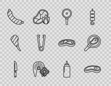 Sabit hat Bıçaklı Biftek kızartma tavası taze donmuş balık bifteği sosis maşası sosis şişesi ve kızartma ikonu. Vektör.