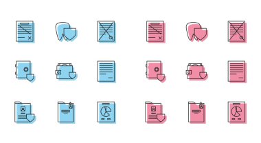 Kalkan Kişisel klasör dosya grafik grafiği Cüzdan ve para Güvenli ve Diş simgesi ile satır belgesi ayarla. Vektör.