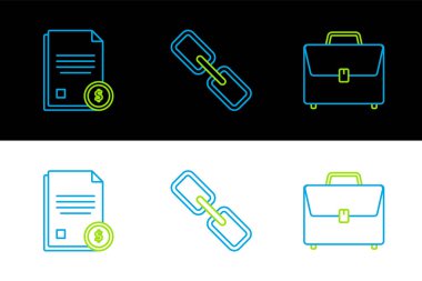 Satır Evrak Çantası Finans belgesi ve Zincir bağlantısı simgesini ayarla. Vektör.
