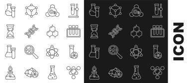 Molekül test tüpünü zehirli sıvı Ozone DNA sembolüyle ayarla Eski kum saati ve kimyasal formül ikonu. Vektör.