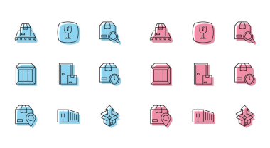 Çizgi konumunu karton kutu taşıyıcı bantlı Evde dağıtım servisleri karton saat Carton ve kırık cam ikonu ile ayarlayın. Vektör.