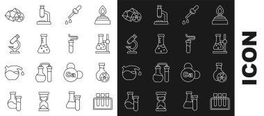 Test tüpünü toksik sıvı matarayla Radyoaktif Pipette Mikroskop ve simgesine yerleştir. Vektör.