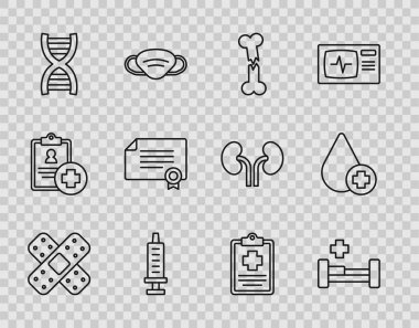 Çizgiyi aşıp sargı bezi sıva hastanesi yatağı kırık kemik şırıngası DNA sembolü sertifika şablonu hasta kaydı ve kan bağışlama ikonu. Vektör.