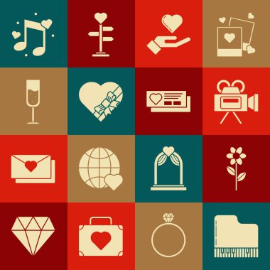 Grand Piyano Çiçeği Sinema Kamerası Heart 'ı ele alalım Candy' nin kalbi şeklinde kutu yaylı şampanya kadehi kalpler ve bilet ikonu ile nota tonu. Vektör.