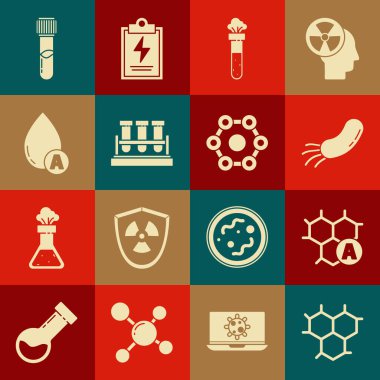 Kimyasal formül bakteri test tüpü ve matara kimyasal su damlası ve ikonu hazırlayın. Vektör.