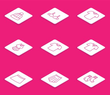 Kış şapkalı sütyen tişörtü, atlet etek ve ikon. Vektör.