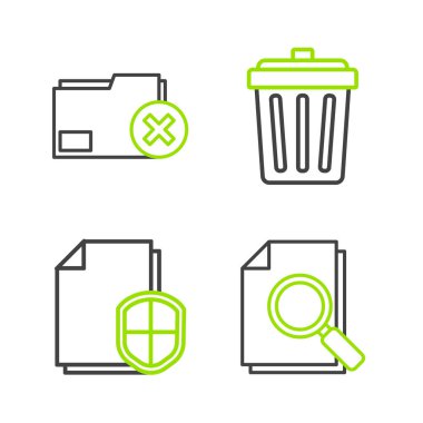 Arama koruma konsepti Çöp kutusu ve dizin simgesini sil ile satır belgesini ayarla. Vektör.