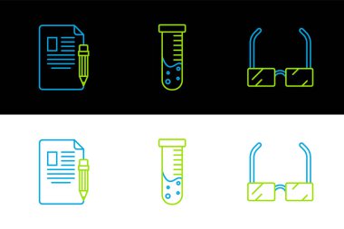 Silgi ve test tüpü kimya laboratuvar ikonu ile çizgi Gözlük Sınav kağıdı ve kalem ayarlayın. Vektör.
