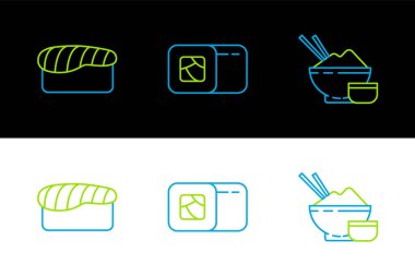 Pirinci yemek çubuğu suşi ve ikonla bir kaseye koy. Vektör.