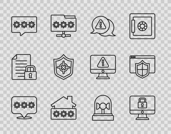 Satır Parola Koruma Kilidi Ünlem işaretini parola Kalkan sirenli ve tarayıcı ikonlu üçgen evde ayarla. Vektör.