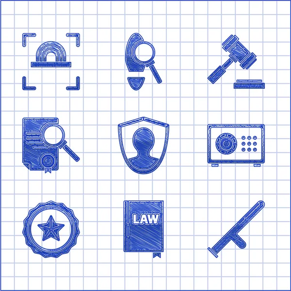 Set User Protection Law Book Police Rubber Baton Safe Badge — Image vectorielle