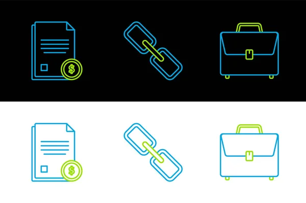 Set Line Briefcase Finance Document Chain Link Icon Vector — Stok Vektör
