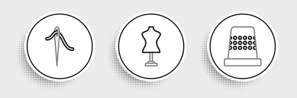 Set Line Thimble Sewing Needle Thread Mannequin Icon Vector — ストックベクタ