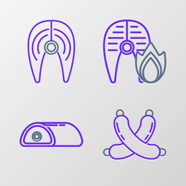 Çizgiyi aşmış sosis ızgara balık bifteği, ateş alevi ve balık ikonu. Vektör.