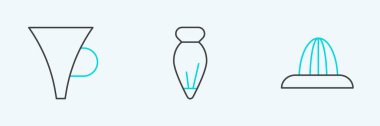 Set line Citrus fruit juicer Funnel or filter and Pastry bag for decorate cakes icon. Vector.