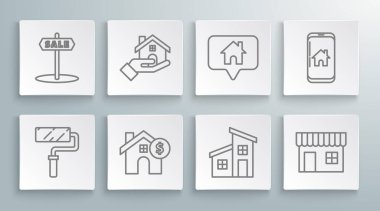 Paint Paten Fırçası Emlakçı Evi 'ni dolar sembolü alışveriş mağazası haritası işaretçi evi cep telefonu akıllı ev ve asılı yazı ikonu ile ayarla. Vektör.