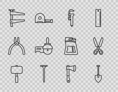 Set line Sledgehammer Shovel Calliper or caliper and scale Metallic nail Clamp tool Angle grinder Wooden axe and Scissors icon. Vector.