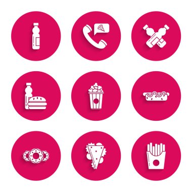 Patlamış mısırı karton kutuya koy patates kızartması karton sandviç, Hotdog sandviçi, yanında hardallı tatlı çörek, bir şişe su burgeri, şişe çapraz şişe ve ikon. Vektör.