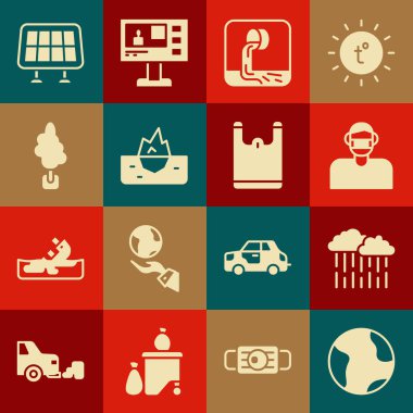 Dünya küre bulutunu yağmurlu yüz koruyucu maskeli Atık Su Buzdağı Ağacı Güneş enerjisi paneli ve plastik torba ikonu ile ayarla. Vektör.