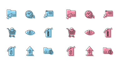 Dolar Finansal büyümesi ve İmleç tıklama belgesi klasörü Envelope Eye Yeni Silme alışveriş arabası ve Clock 24 saat simgesi ile Price etiketini ayarla. Vektör.