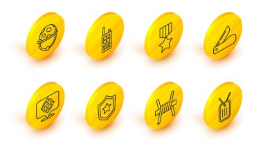 Askeri künye, dikenli tel ödül madalyası, İsviçre çakısı, telsiz ve miğfer ikonu. Vektör.