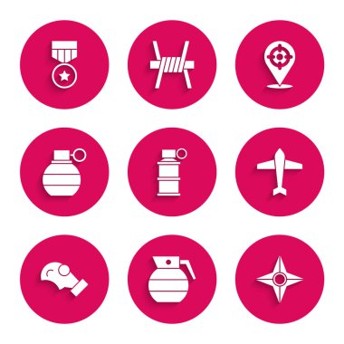 Japon ninja shuriken Jet savaş uçağı gaz maskeli, hedef sporu ve askeri ödül ikonu. Vektör.