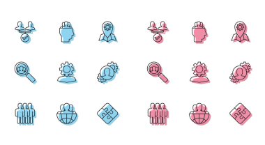 Kullanıcı grubu Globe ve insanları, arama ve simge için büyüteç içinde ekipman bulunan yapboz insan parçasına dönüştür. Vektör.