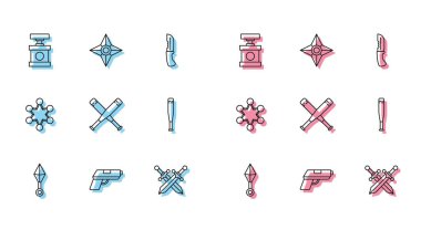 Japon ninja shuriken, tabanca ya da silah, dinamit için fünye çapraz ortaçağ kılıcı, beyzbol sopası, beysbol topu, polis rozeti ve ikonu. Vektör
